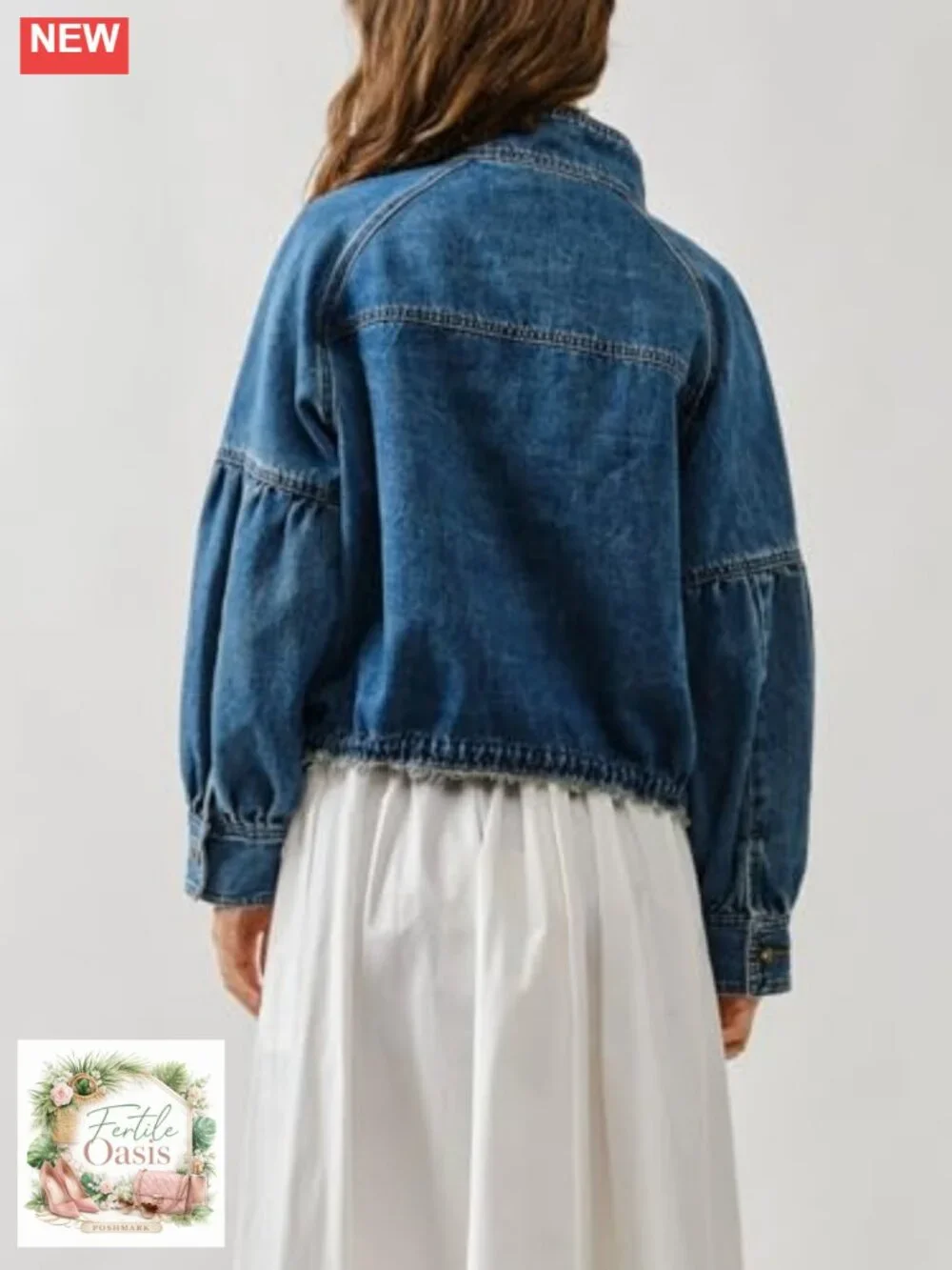 Womens Denim Bomber Jacket Balloon Sleeve Drawstring Waist Twill Coat with